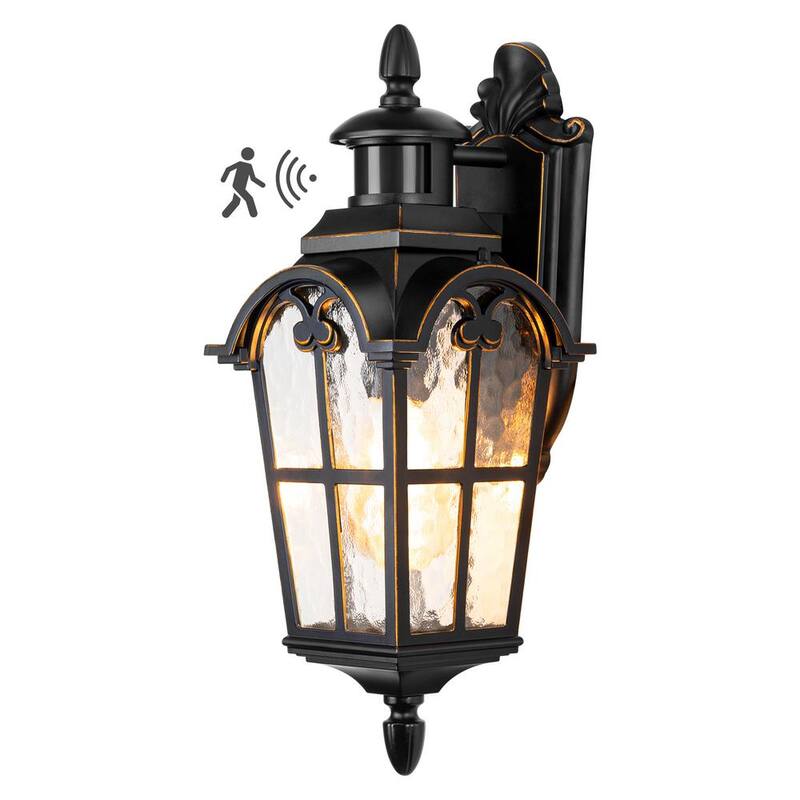 DEWENWILS Linterna de pared exterior con sensor de movimiento de amanecer a anochecer, con cableado rígido de 16.8 pulgadas en color negro, sin focos incluidos - HOWL07B