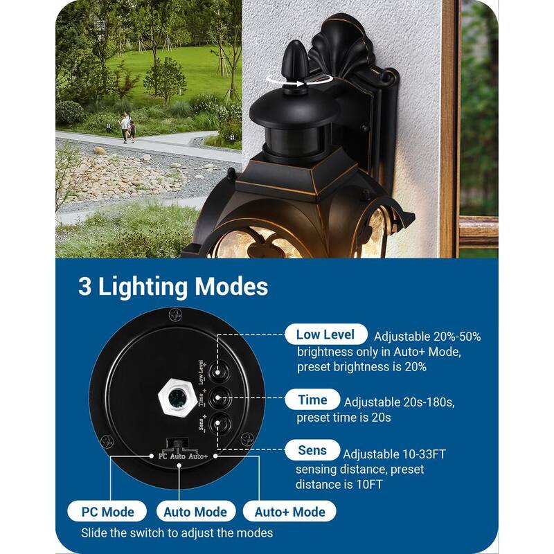 DEWENWILS Linterna de pared exterior con sensor de movimiento de amanecer a anochecer, con cableado rígido de 16.8 pulgadas en color negro, sin focos incluidos - HOWL07B