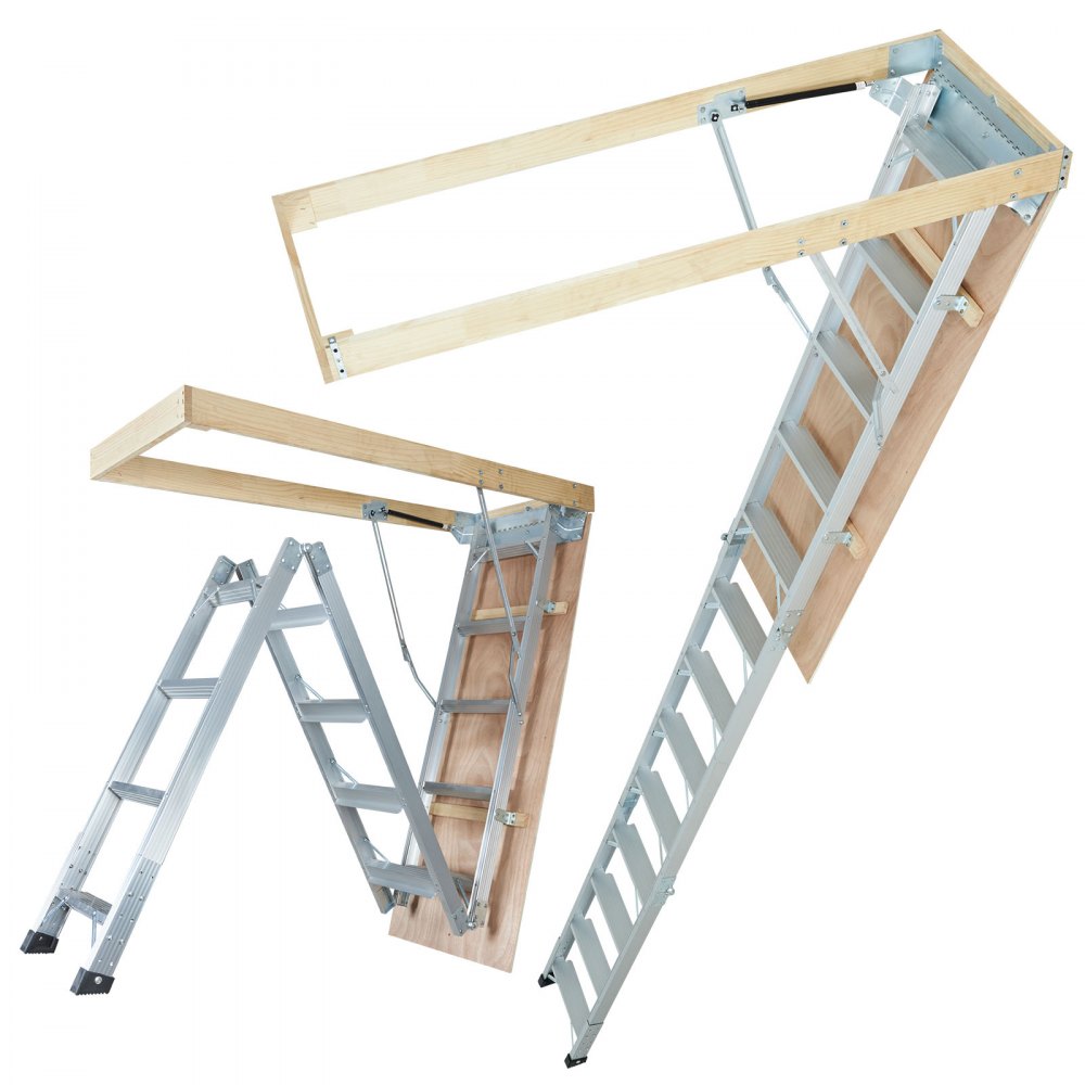 VEVOR Attic Ladder Foldable, 350-pound Capacity, 22.5" x 63", Multi-Purpose Aluminium Extension, Lightweight and Portable, Fits 9.5'-12' Ceiling Heights, Convenient Access to Your Attic Standard - ZDKKSGLTLHJ3WVQM2V0