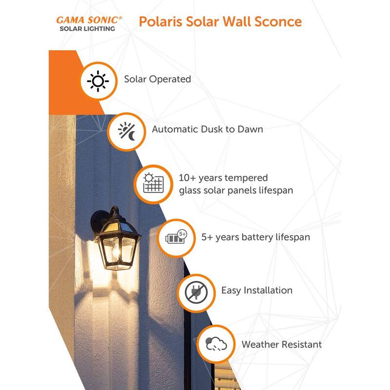 GAMA SONIC Polaris 1-Luz Negro Atardecer a Amanecer Lámpara de Pared Solar Exterior Integrada LED Blanco Cálido con Foco Incluido - 177010