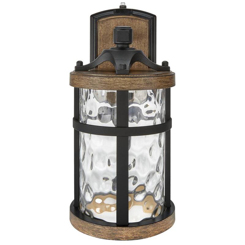 Luz de pared exterior Maxxima Black con sensor de atardecer a amanecer de madera con LED, acabado en grano, vidrio martillado claro, 800 lúmenes, luz cálida de 3000K - MEL-12275W