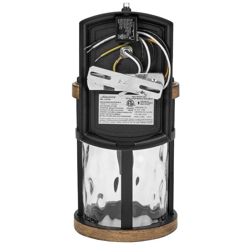 Luz de pared exterior Maxxima Black con sensor de atardecer a amanecer de madera con LED, acabado en grano, vidrio martillado claro, 800 lúmenes, luz cálida de 3000K - MEL-12275W