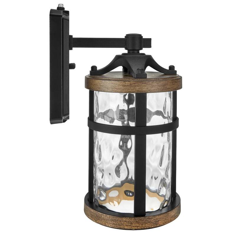 Luz de pared exterior Maxxima Black con sensor de atardecer a amanecer de madera con LED, acabado en grano, vidrio martillado claro, 800 lúmenes, luz cálida de 3000K - MEL-12275W