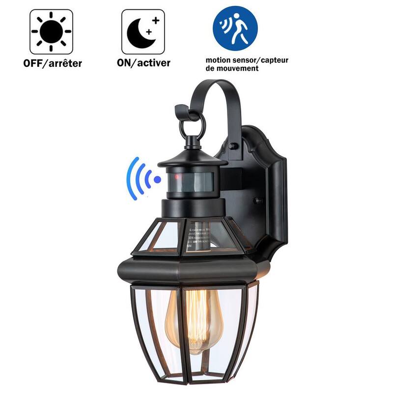 Lámpara de pared al aire libre C Cattleya de 1 luz con sensor de movimiento en acabado negro de metal y latón con cristal templado transparente al atardecer y amanecer - CA2211-W