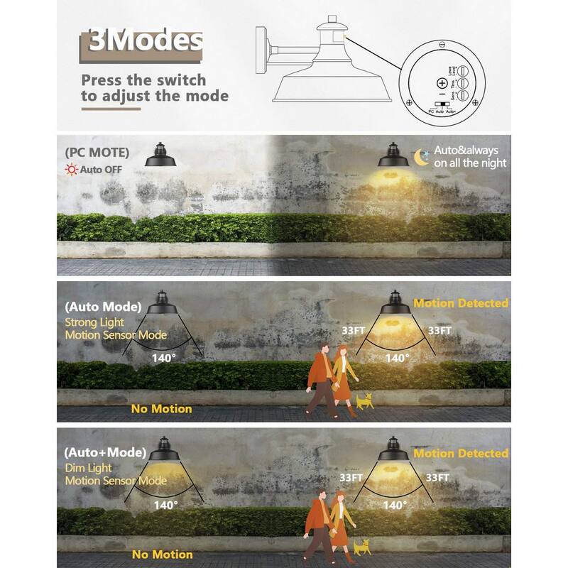 Linterna de Pared de Granero con Sensor de Movimiento, Fotocelda y Cableado Duro JAZAVA Negro al Amanecer sin Bombillas Incluidas - HD4FW23B-SE BK