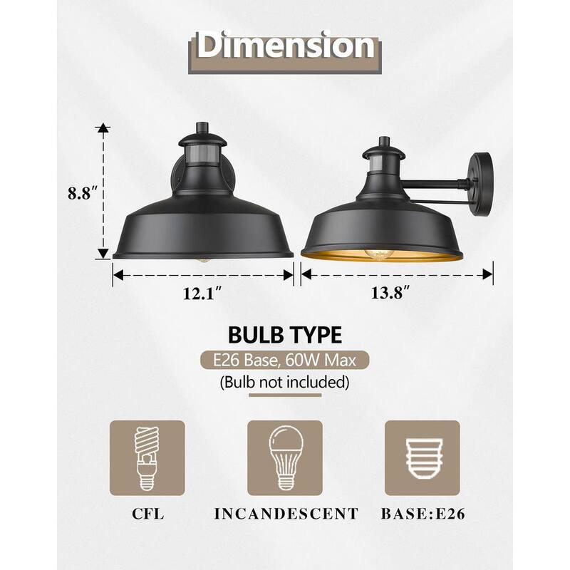 Linterna de Pared de Granero con Sensor de Movimiento, Fotocelda y Cableado Duro JAZAVA Negro al Amanecer sin Bombillas Incluidas - HD4FW23B-SE BK