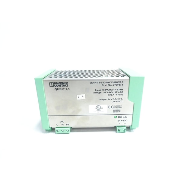 Phoenix Contact Power Supply, 120V AC, 24V DC, 2.5A, DIN Rail - QUINT PS-120AC/24DC/2.5