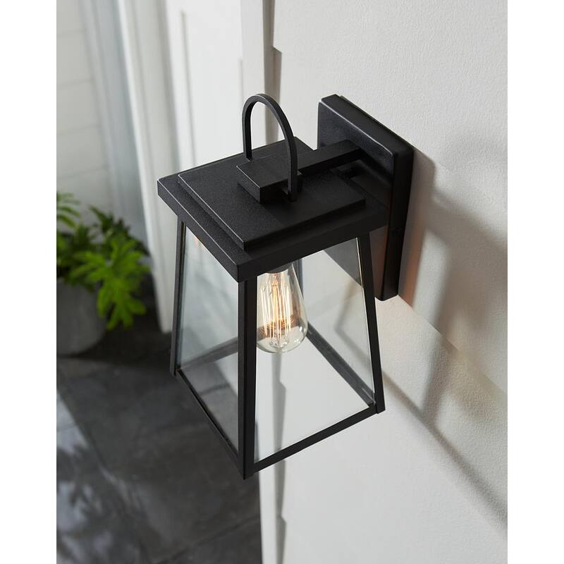 Foco de pared exterior negro de estilo transicional TIELLA Bihl de 1 luz mediana con paneles de vidrio transparente y blanco incluidos - L8648H1L-BK