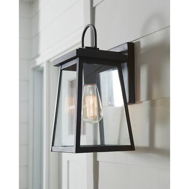 Foco de pared exterior negro de estilo transicional TIELLA Bihl de 1 luz mediana con paneles de vidrio transparente y blanco incluidos - L8648H1L-BK