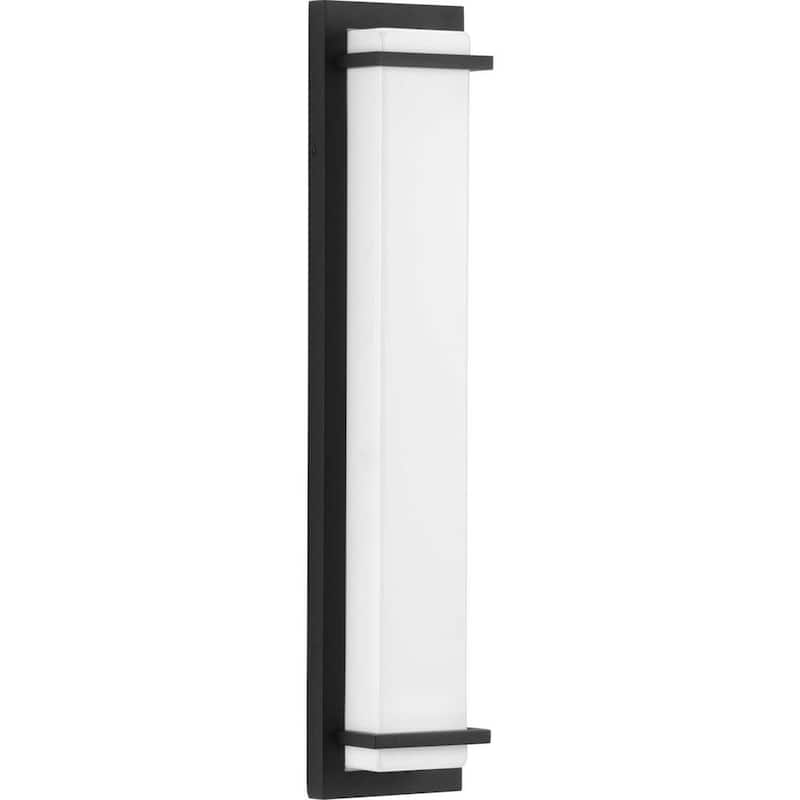 Lámpara de pared exterior grande moderna con dos luces, pantalla acrílica blanca texturizada en negro y luz LED de la colección Z-1080 de Progress Lighting - P560211-031-30