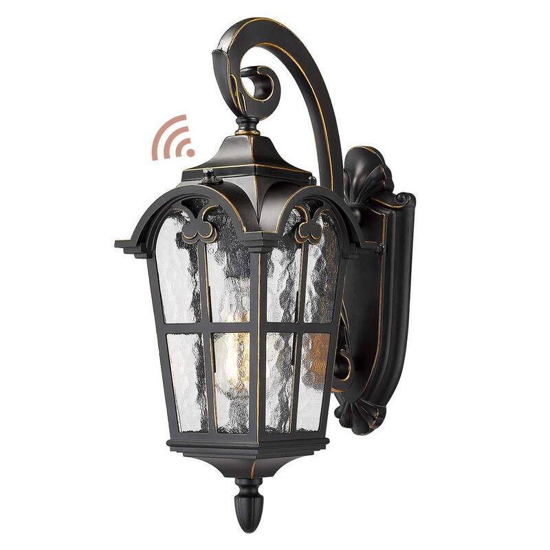 JAZAVA Lámpara de pared exterior con sensor integrado al amanecer y anochecer, de un foco con pantalla de acabado negro de 17.5 pulgadas - HDWE215B-PC-BG