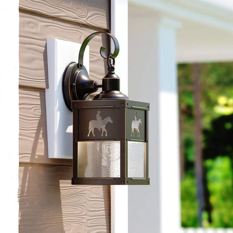 VAXCEL Linterna de Pared Exterior para Exteriores de Bronce Rústico con Caballo Vaquero - 1 Luz, Vidrio Transparente - T0110