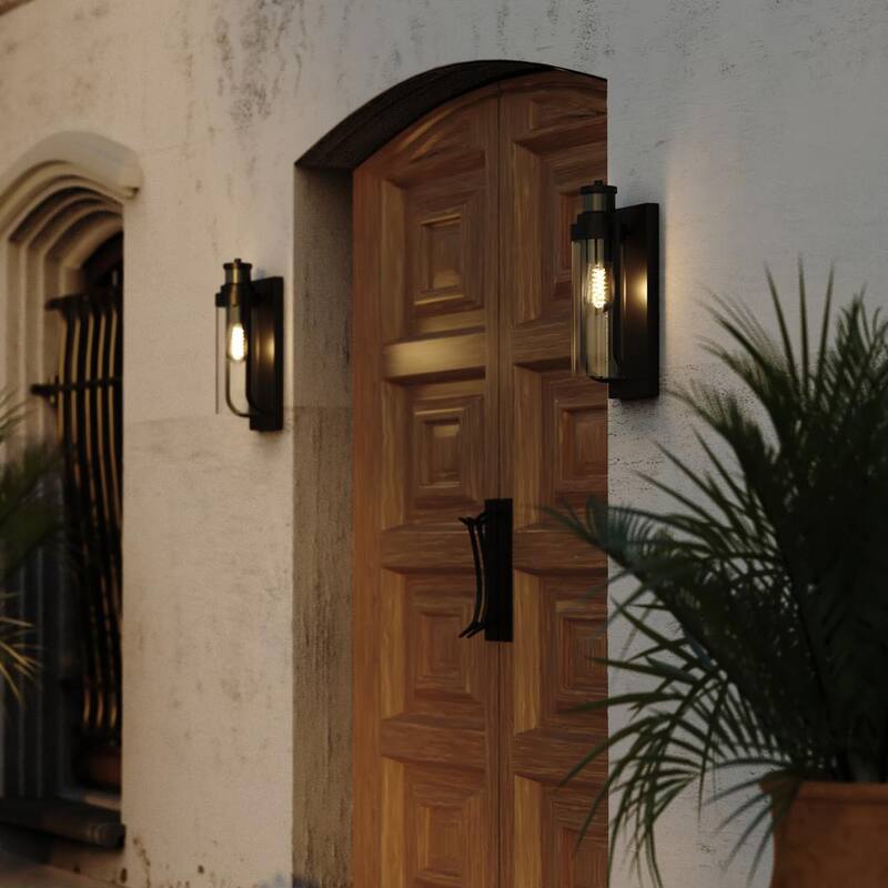 Lámpara de pared exterior VAXCEL Lawton Steel LED Compatible Black con Sensor de Movimiento al Anochecer y al Amanecer de Cristal Transparente Transicional - T0749