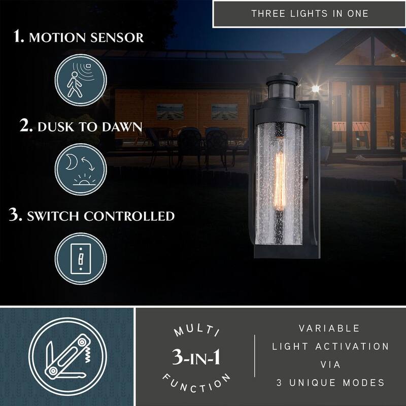 Lámpara de pared exterior VAXCEL Lawton Steel LED Compatible Black con Sensor de Movimiento al Anochecer y al Amanecer de Cristal Transparente Transicional - T0749