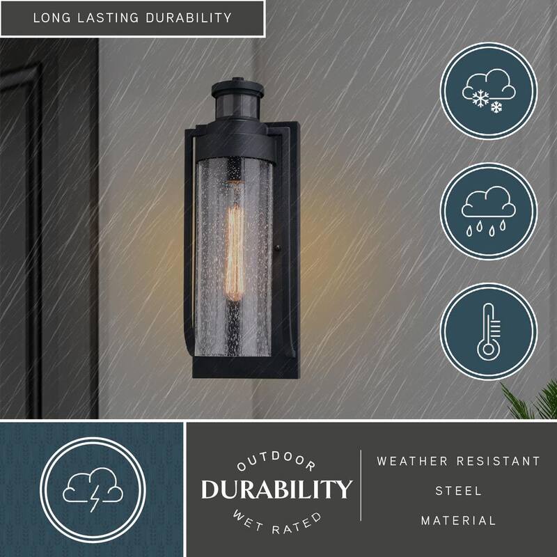 Lámpara de pared exterior VAXCEL Lawton Steel LED Compatible Black con Sensor de Movimiento al Anochecer y al Amanecer de Cristal Transparente Transicional - T0749