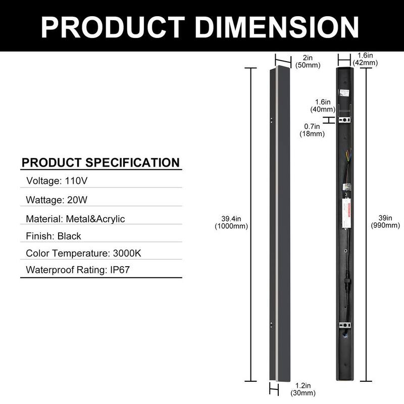 YANSUN 39 pulgadas 20 vatios Negro al aire libre con cableado Lineal a Prueba de Agua con Linterna de Pared Sconce LED Integrada, Blanco Cálido 3000K - H-WL062