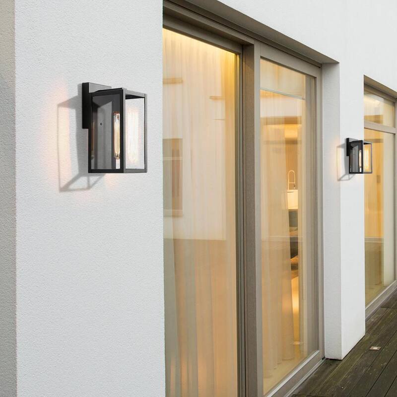 Lámpara de pared exterior negra moderna LNC con pantalla de vidrio transparente 1 luz Linterna de pared exterior minimalista para terraza, patio, porche, pasillo - 6FIAAFHD14246S7