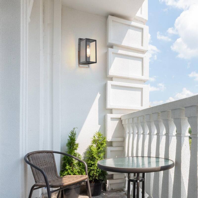 Lámpara de pared exterior negra moderna LNC con pantalla de vidrio transparente 1 luz Linterna de pared exterior minimalista para terraza, patio, porche, pasillo - 6FIAAFHD14246S7