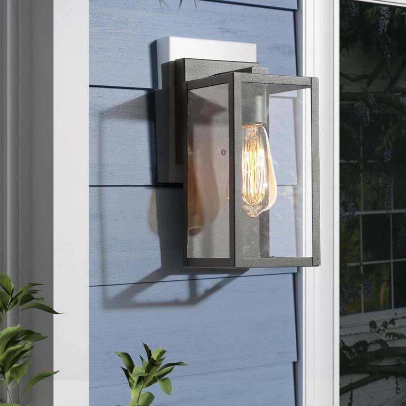 Lámpara de pared exterior negra moderna LNC con pantalla de vidrio transparente 1 luz Linterna de pared exterior minimalista para terraza, patio, porche, pasillo - 6FIAAFHD14246S7