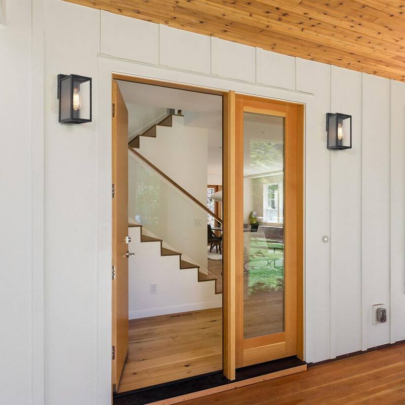 Lámpara de pared exterior negra moderna LNC con pantalla de vidrio transparente 1 luz Linterna de pared exterior minimalista para terraza, patio, porche, pasillo - 6FIAAFHD14246S7
