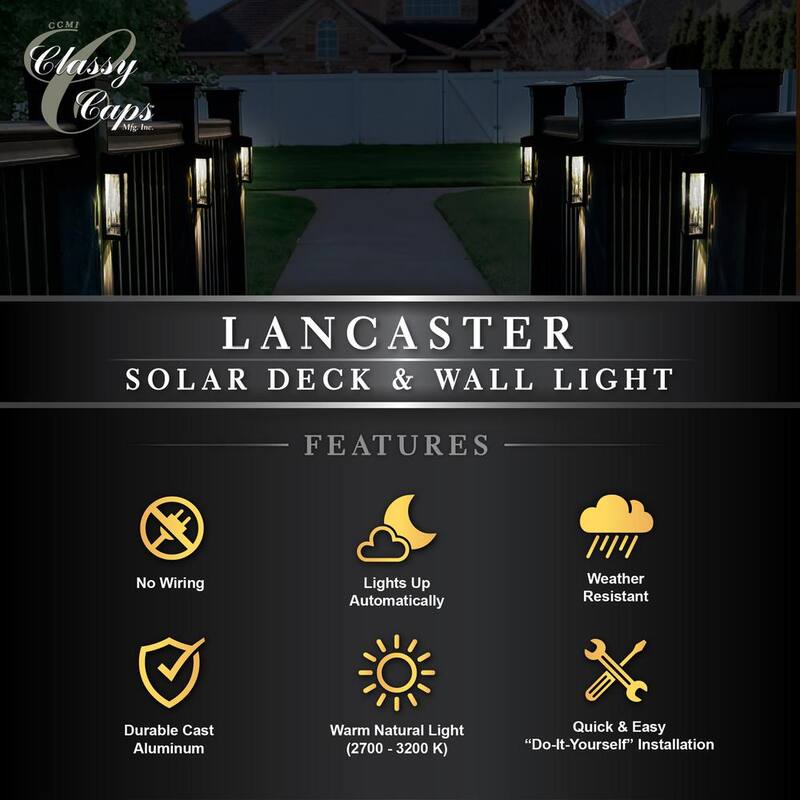 Lámpara de pared para exteriores CLASSY CAPS Lancaster con 4 luces de LED integradas en aluminio fundido negro y solar, montaje en pared 2700K (paquete de 4) - SWL888