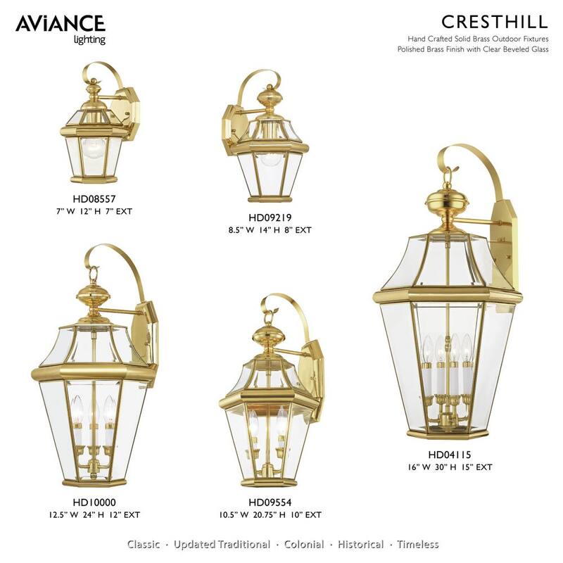 Iluminación AVIANCE Cresthill de 14 pulgadas, 1 luz, Linterna de Pared con acabado en latón pulido para exteriores con cableado duro, sin focos incluidos - HD09219