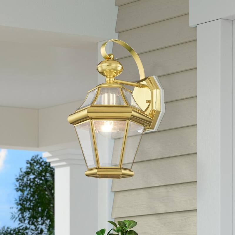 Iluminación AVIANCE Cresthill de 14 pulgadas, 1 luz, Linterna de Pared con acabado en latón pulido para exteriores con cableado duro, sin focos incluidos - HD09219