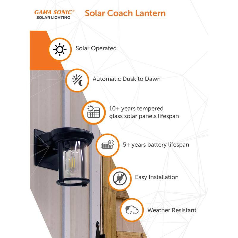 GAMA SONIC Farol Solar Exterior de Pared con Sensor de Luz para Porche/Garage en Negro al Amanecer y Anochecer con Bombilla cálida Edison Blanca (Paquete de 2) - 1BP2E40010