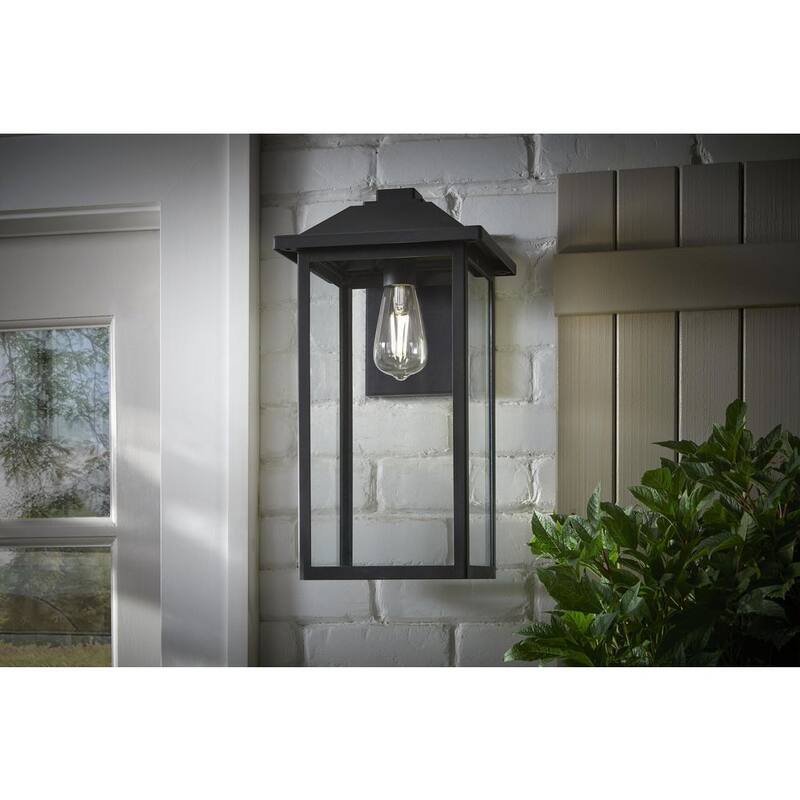 Marca privada sin marca 1-Luz, 18 pulgadas. Linterna de pared al aire libre clásica de alambre duro en negro con vidrio transparente - W2235-31