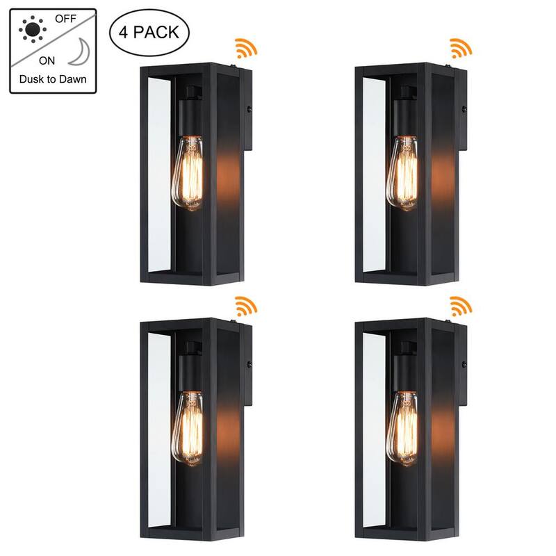 Luz de pared con sensor de atardecer a amanecer de exterior Hukoro Cali de 1 luz con acabado negro mate y pantalla de vidrio transparente (paquete de 4) - 4F85504-BK-S