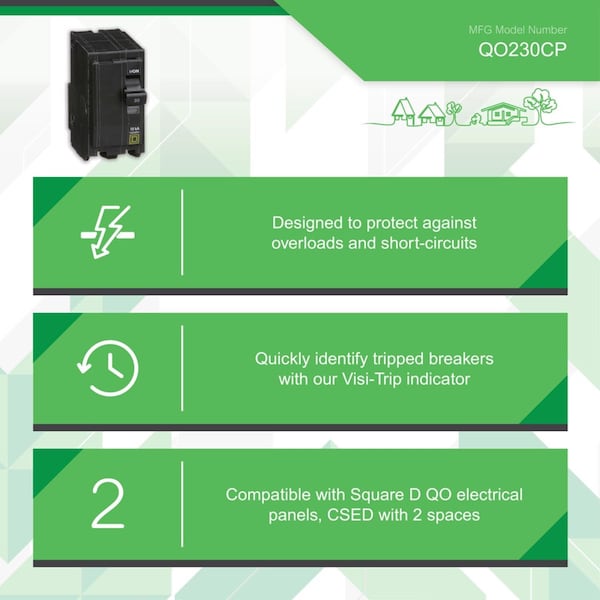 Square D Miniature Circuit Breaker, QO Series, 30A, 2 Pole, 120/240V AC, 10kA at 120/240V AC - QO230CP