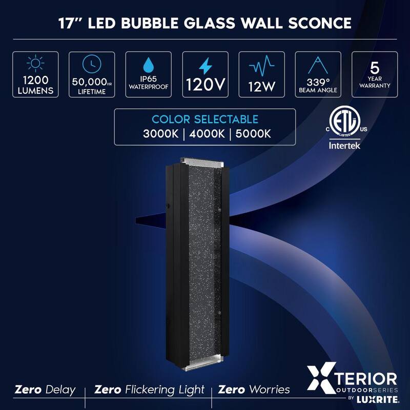 LUXRITE Lámpara de pared para exterior LED de 17 pulgadas en color negro con 3 opciones de temperatura de color (CCT) 3000K-5000K, vidrio de burbujas, 12 watts, certificación ETL, resistente al agua IP65 - LR40391-1PK