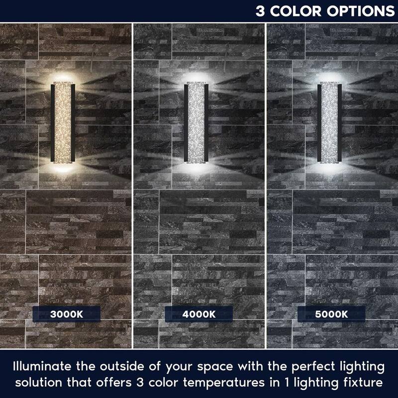 LUXRITE Lámpara de pared para exterior LED de 17 pulgadas en color negro con 3 opciones de temperatura de color (CCT) 3000K-5000K, vidrio de burbujas, 12 watts, certificación ETL, resistente al agua IP65 - LR40391-1PK