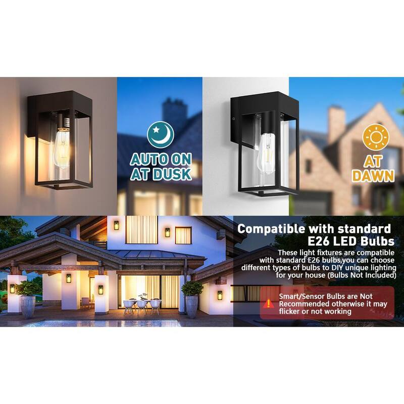 HKMGT 10.2 pulgadas Negro Anochecer al Amanecer Luces Modernas para Exteriores, Lámpara de Pared con Linterna Montada Dura y sin Bombillas Incluidas (paquete de 2) - BD05GGBK-2P