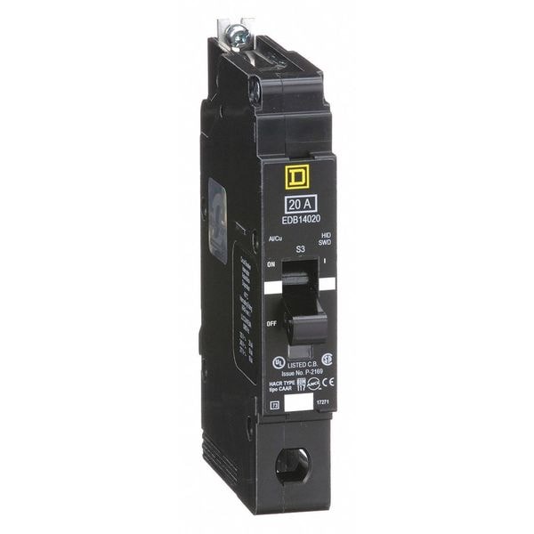 Square D Miniature Circuit Breaker, EDB Series, 20A, 1 Pole, 277V AC, 25kA at 120V AC - EDB14020