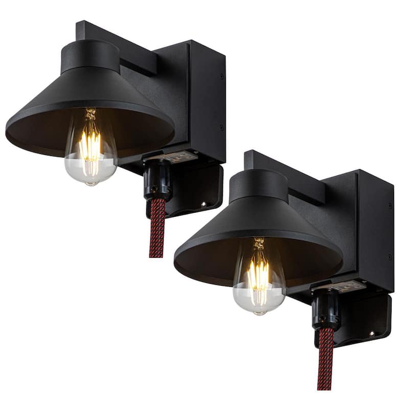 Laplusbelle 1 luz negra mate para exteriores con tomacorriente GFCI empotrado y aplique para granero 2-Pack - LA2286-2W
