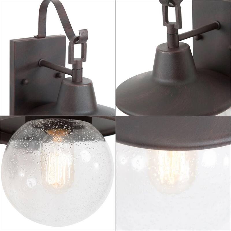 Lámpara de pared exterior LNC moderna en negro oxidado, rústica con diseño de copo de nieve de sombrero de nieve, con 1 foco y pantalla de vidrio sembrado en globo (paquete de 2) - MJIMEVHD150RDT7.