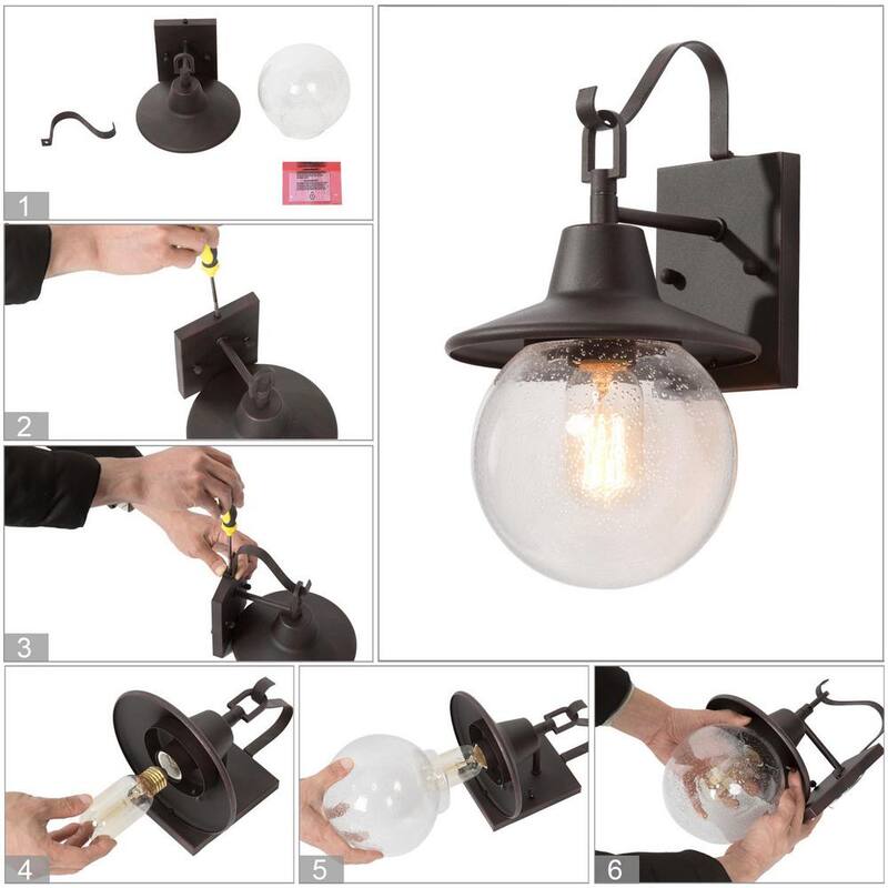 Lámpara de pared exterior LNC moderna en negro oxidado, rústica con diseño de copo de nieve de sombrero de nieve, con 1 foco y pantalla de vidrio sembrado en globo (paquete de 2) - MJIMEVHD150RDT7.