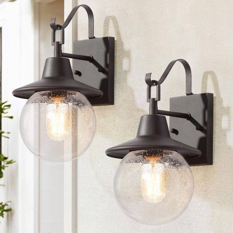 Lámpara de pared exterior LNC moderna en negro oxidado, rústica con diseño de copo de nieve de sombrero de nieve, con 1 foco y pantalla de vidrio sembrado en globo (paquete de 2) - MJIMEVHD150RDT7.