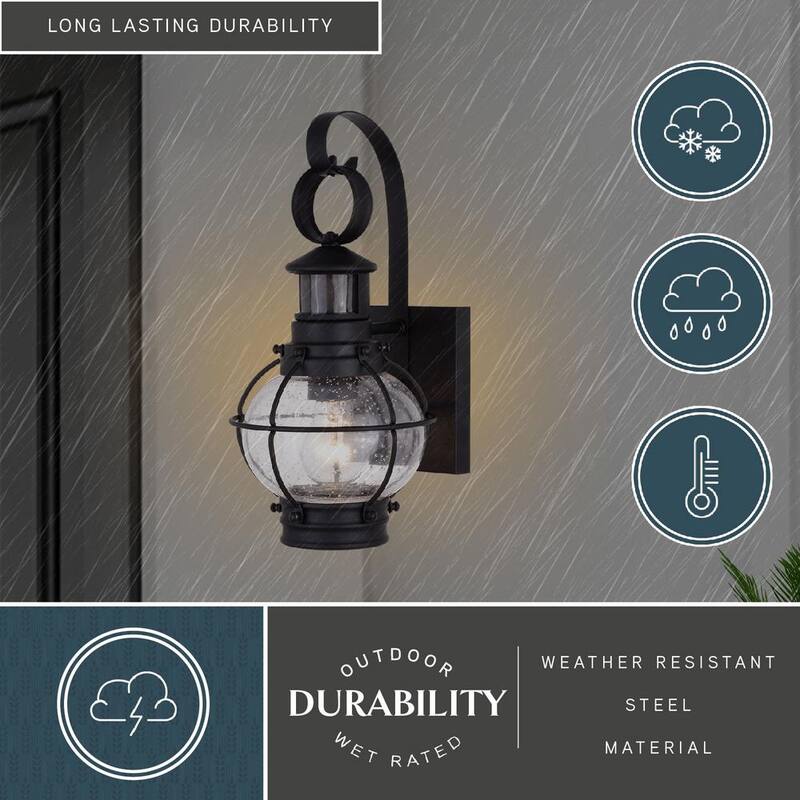 VAXCEL Chatham Negro Costero Lámpara de Pared Exterior con Sensor de Movimiento Crepuscular a Nocturno Vidrio Transparente - T0606