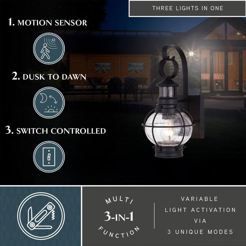 VAXCEL Chatham Negro Costero Lámpara de Pared Exterior con Sensor de Movimiento Crepuscular a Nocturno Vidrio Transparente - T0606