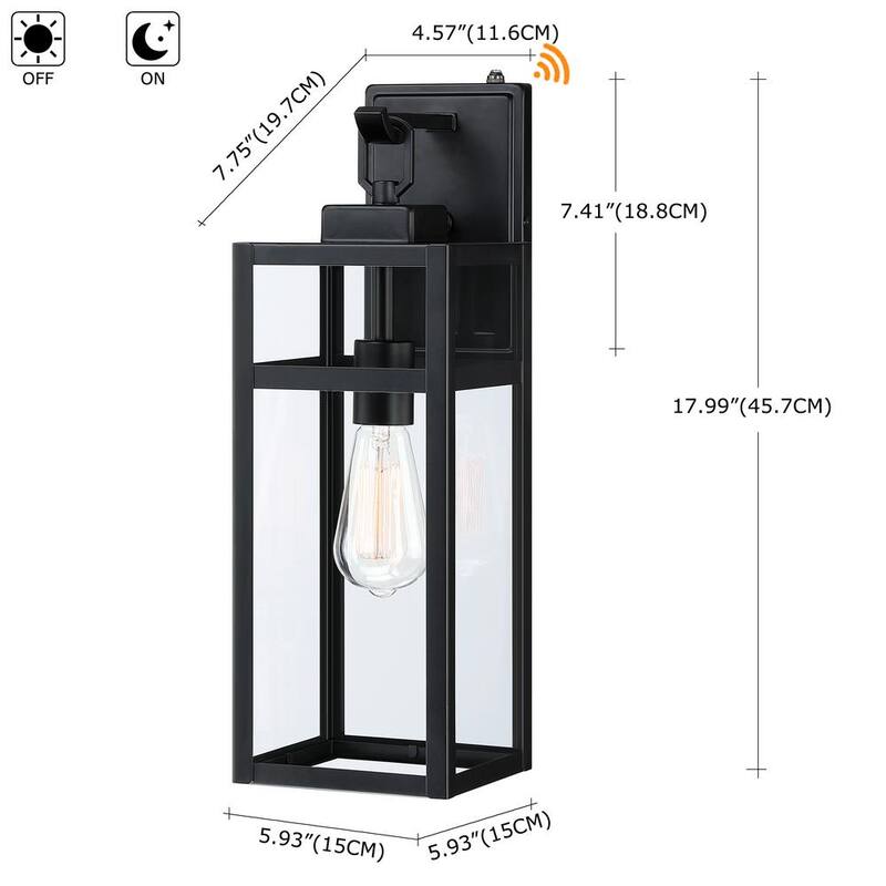 Lámpara exterior de pared Pia Ricco 1 Light Black con sensor de luz crepuscular a amanecer y base de casquillo E26 - 1Jay-12219M-PC