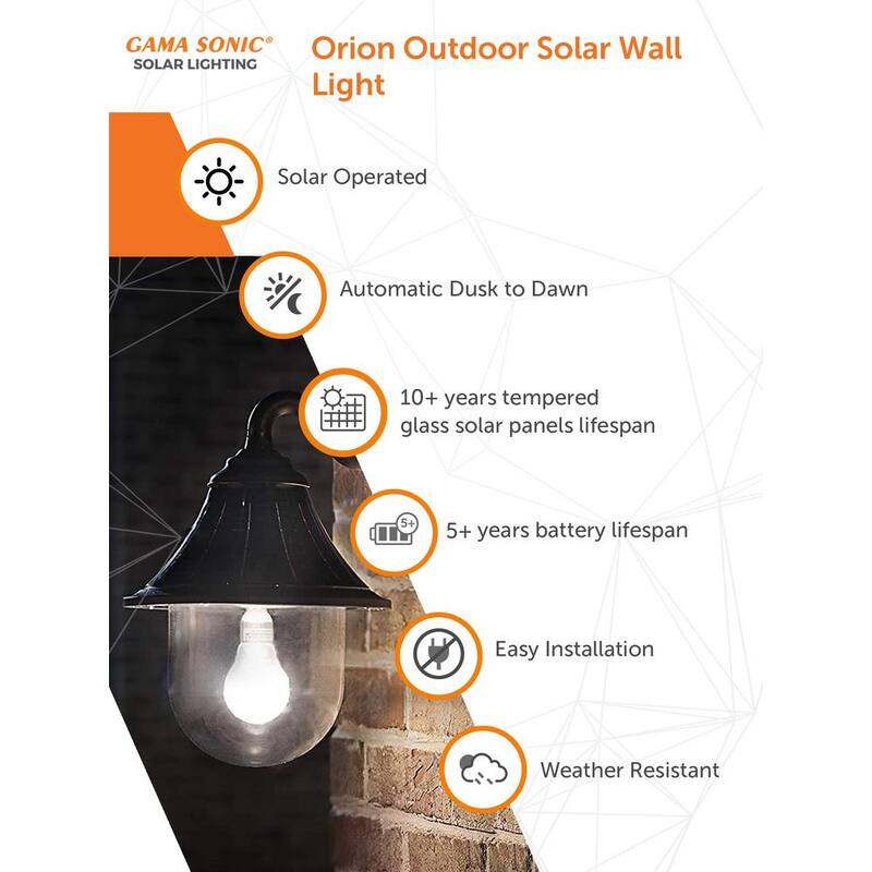 GAMA SONIC Orion Lámpara de pared al aire libre solar moderna de un foco en negro con tecnología Morph y bombilla LED de luz cálida blanca - 123010