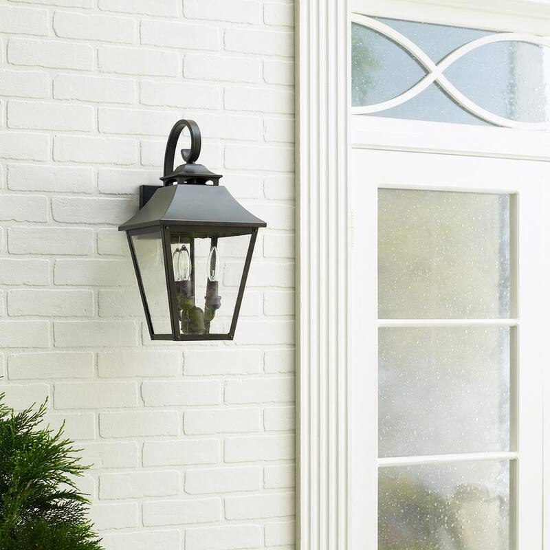 Iluminación de generación Galena Linterna de montaje en pared para exteriores de 3 luces en color sable con vidrio transparente sembrado - OL14403SBL