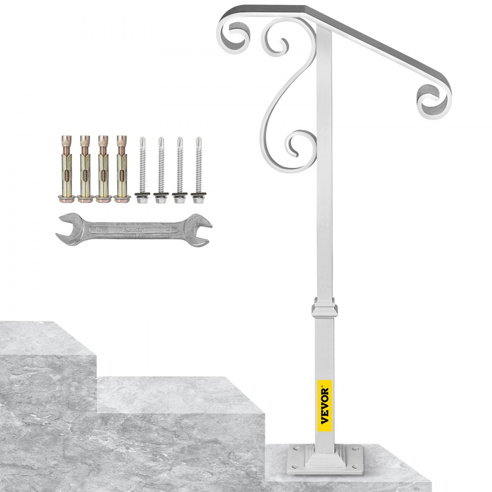 VEVOR Handrails for Outdoor Steps, Fit 1 or 2 Steps Outdoor Stair Railing, Single Post Wrought Iron Handrail Flower Design, White Porch Railings for Concrete Steps or Wooden Stairs with Base - LTFSBSHXDDZJSFS01V0