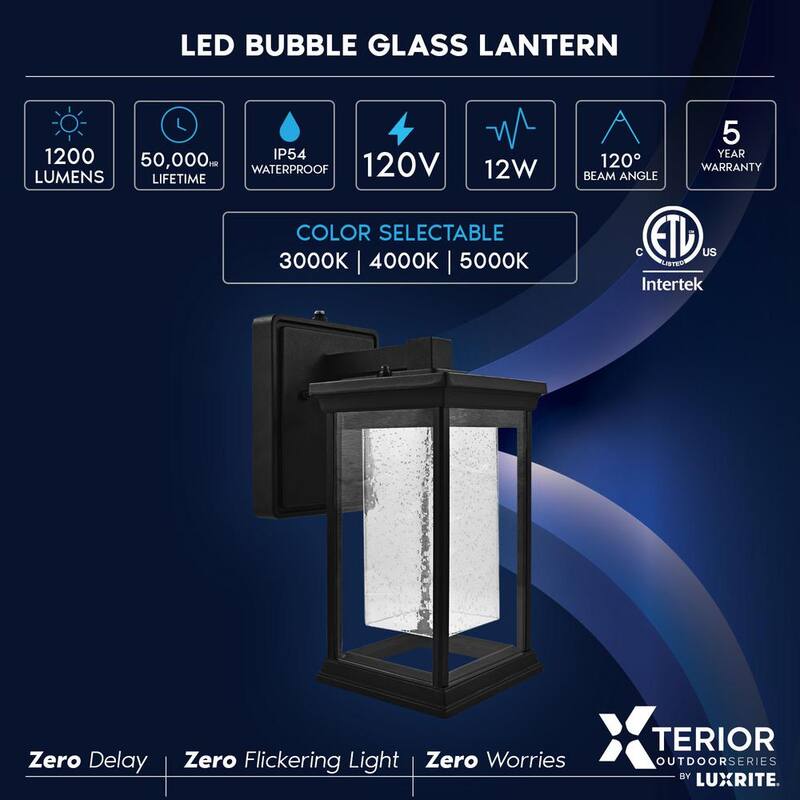 Lámpara de pared LUXRITE de 10 pulgadas de luz negra al amanecer LED Sconce 3CCT 3000K-5000K 12 vatios con vidrio burbuja sembrado para exteriores ETL IP54 (paquete de 2) - LR40306-2PK
