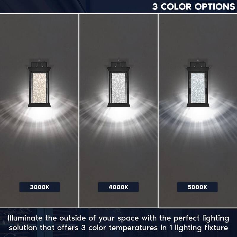 Lámpara de pared LUXRITE de 10 pulgadas de luz negra al amanecer LED Sconce 3CCT 3000K-5000K 12 vatios con vidrio burbuja sembrado para exteriores ETL IP54 (paquete de 2) - LR40306-2PK