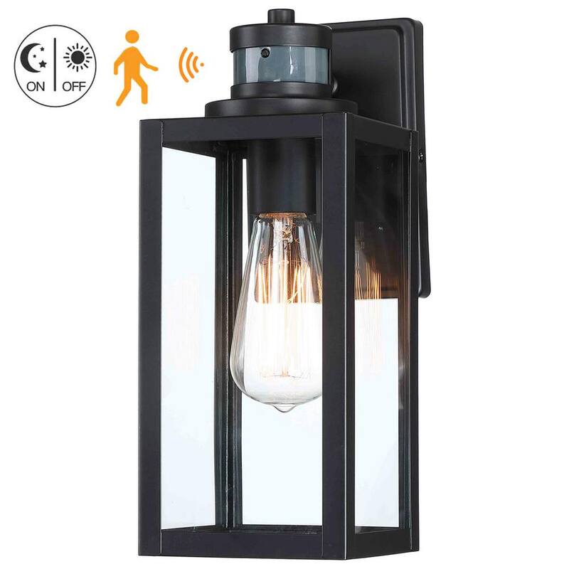 Lámpara de pared exterior Uixe 12 pulgadas con sensor de movimiento, luz tenue al amanecer y al atardecer, 1 luz, acabado negro mate - SSL-12121-MS