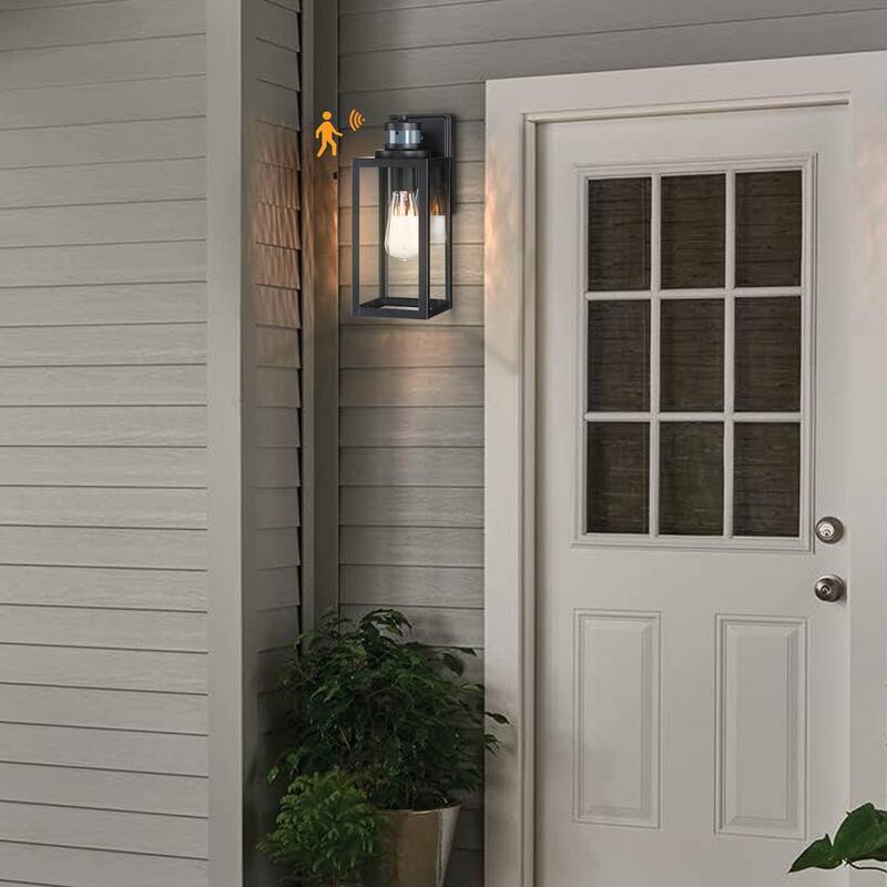 Lámpara de pared exterior Uixe 12 pulgadas con sensor de movimiento, luz tenue al amanecer y al atardecer, 1 luz, acabado negro mate - SSL-12121-MS