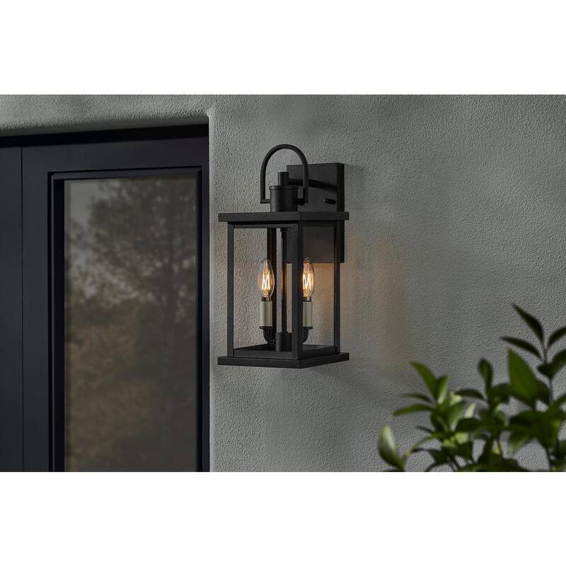 Lámpara de pared exterior con dos luces, textura negra mate, Hampton Bay Parkbend de 16 pulgadas, con cableado duro - HD-2384-BKT